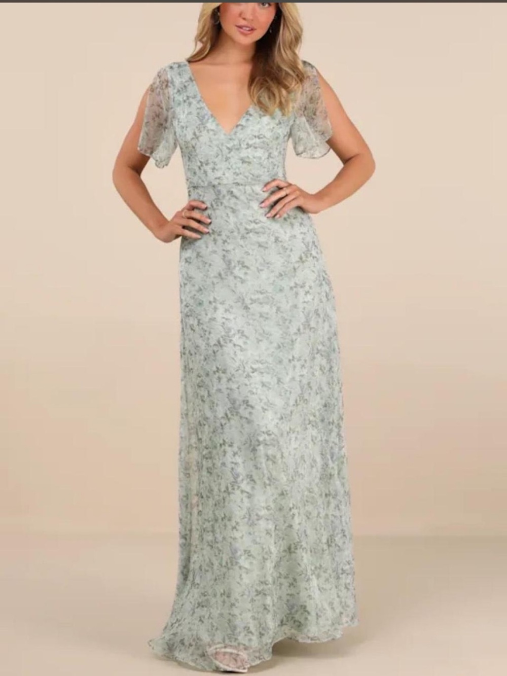 NWT Lulus Dreamiest Desires Sage Green Floral Flutter Sleeve Maxi Dress
